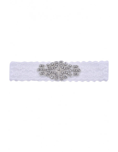 Jartiera pentru mireasa, medalion floral oval, cusut cu cristale si margelute, pe dantela elastica