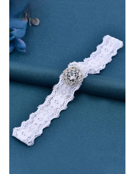 Jartiera pentru mireasa, medalion mic rotund, cusut cu cristale si margelute, pe dantela elastica ingusta