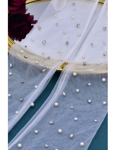 Manusi pentru mireasa lungi, din tulle, cu perle si cristale