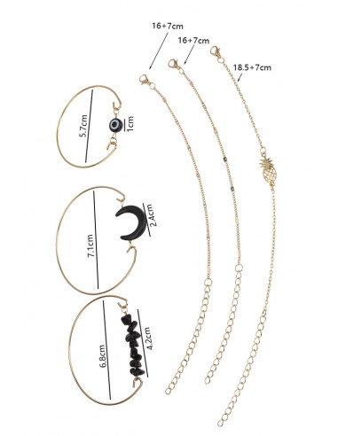 Set 6 bratari elegante, cu ananas, semiluna, Nazar, pietricele si cerc fix