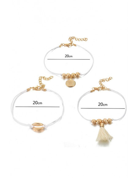 Set 3 bratari elegante, snururi cerate cu scoici, margelute si canafi textili