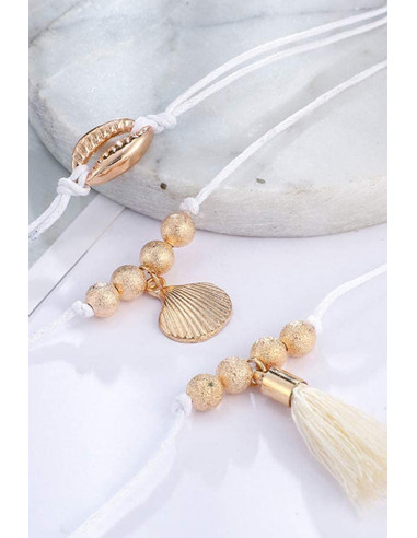 Set 3 bratari elegante, snururi cerate cu scoici, margelute si canafi textili