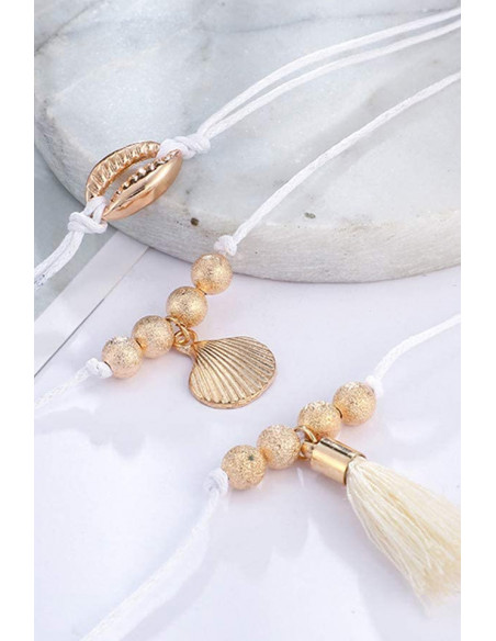 Set 3 bratari elegante, snururi cerate cu scoici, margelute si canafi textili
