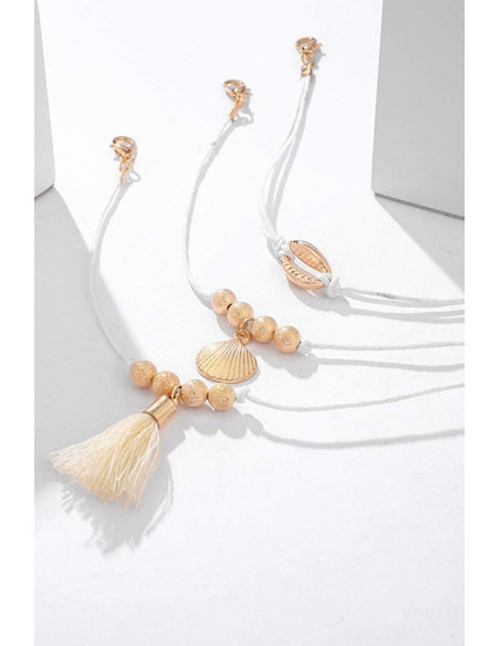 Set 3 bratari elegante, snururi cerate cu scoici, margelute si canafi textili