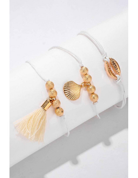 Set 3 bratari elegante, snururi cerate cu scoici, margelute si canafi textili