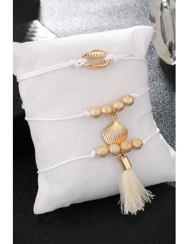 Set 3 bratari elegante, snururi cerate cu scoici, margelute si canafi textili
