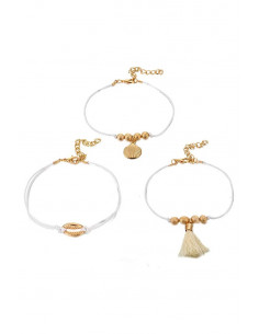 Set 3 bratari elegante, snururi cerate cu scoici, margelute si canafi textili