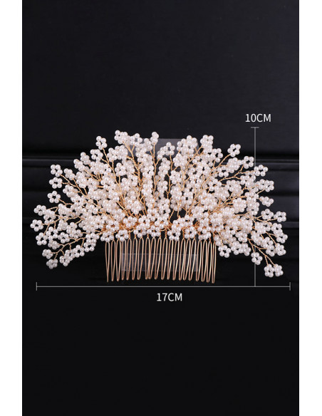 Pieptene de par din fire delicate, model cu floricele impletite din perle mici