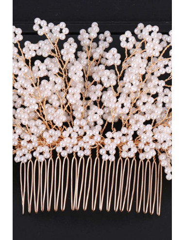 Pieptene de par din fire delicate, model cu floricele impletite din perle mici