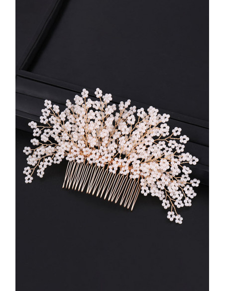 Pieptene de par din fire delicate, model cu floricele impletite din perle mici