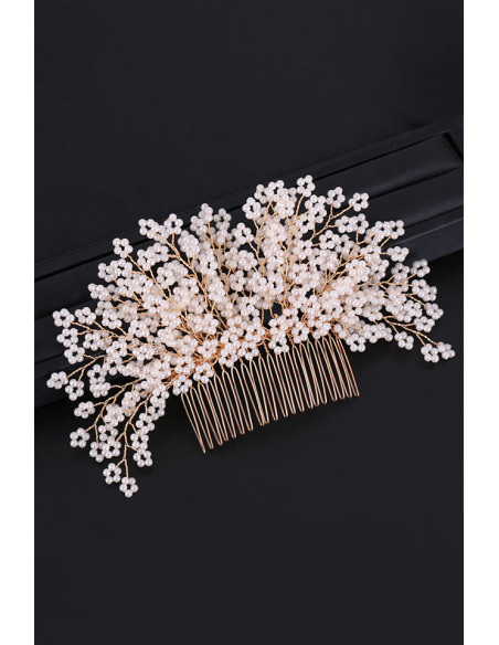 Pieptene de par din fire delicate, model cu floricele impletite din perle mici