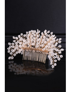 Pieptene de par din fire delicate, model cu floricele impletite din perle mici 2
