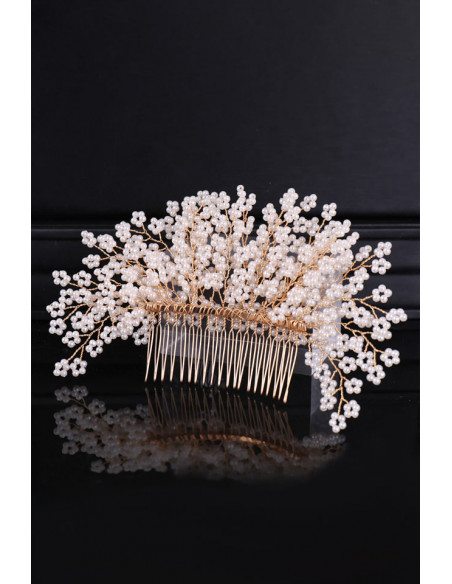Pieptene de par din fire delicate, model cu floricele impletite din perle mici