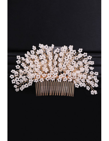 Pieptene de par din fire delicate, model cu floricele impletite din perle mici