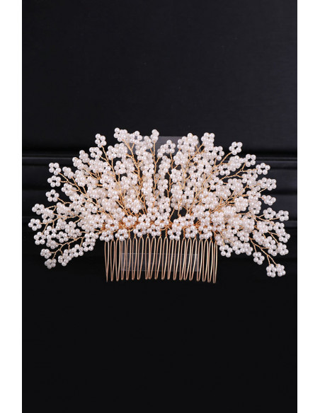 Pieptene de par din fire delicate, model cu floricele impletite din perle mici
