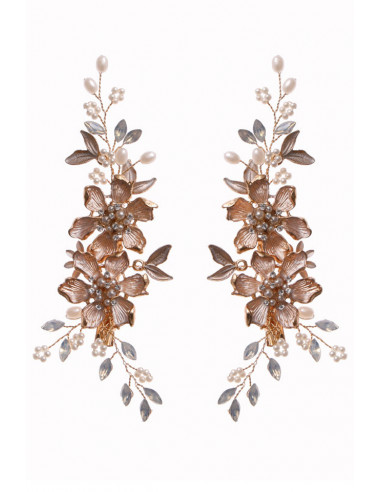 Set doua clame de par elegante, flori si frunze metalice si ramurele cu perle si cristale