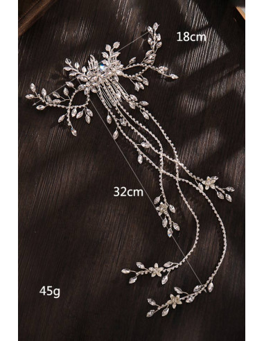 Pieptene elegant pentru mirese, ramurele si frunze metalice cu cristale si fire lungi