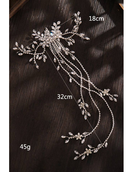Pieptene elegant pentru mirese, ramurele si frunze metalice cu cristale si fire lungi