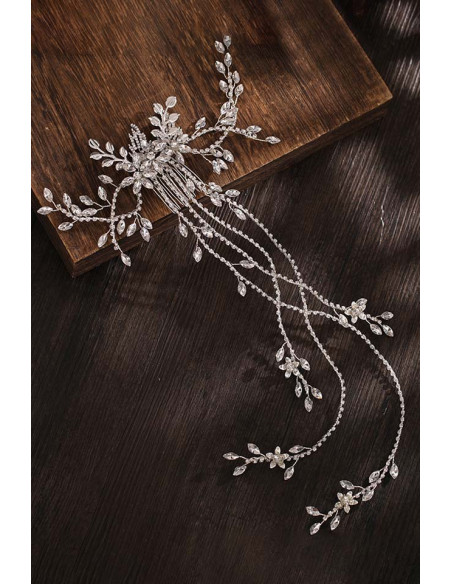 Pieptene elegant pentru mirese, ramurele si frunze metalice cu cristale si fire lungi