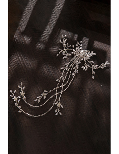 Pieptene elegant pentru mirese, ramurele si frunze metalice cu cristale si fire lungi