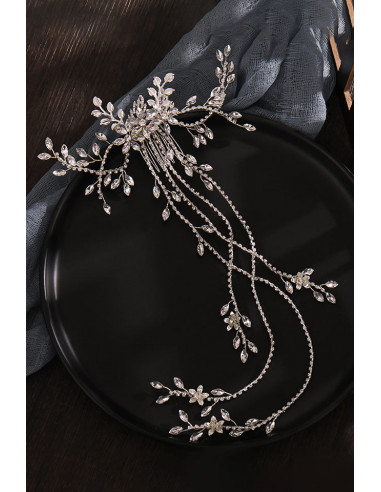 Pieptene elegant pentru mirese, ramurele si frunze metalice cu cristale si fire lungi