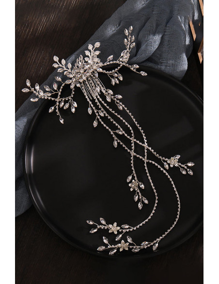 Pieptene elegant pentru mirese, ramurele si frunze metalice cu cristale si fire lungi