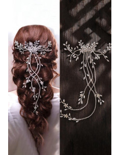 Pieptene elegant pentru mirese, ramurele si frunze metalice cu cristale si fire lungi 2