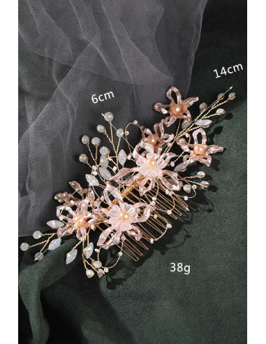 Pieptene de par din fire delicate, flori metalice, frunze cu cristale, perle si margelute