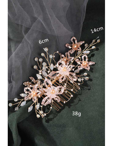 Pieptene de par din fire delicate, flori metalice, frunze cu cristale, perle si margelute