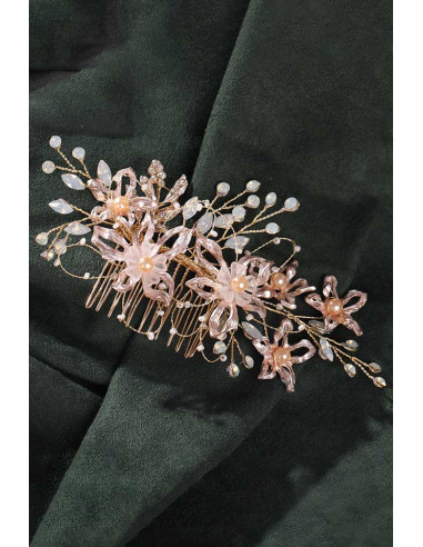 Pieptene de par din fire delicate, flori metalice, frunze cu cristale, perle si margelute