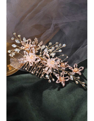 Pieptene de par din fire delicate, flori metalice, frunze cu cristale, perle si margelute