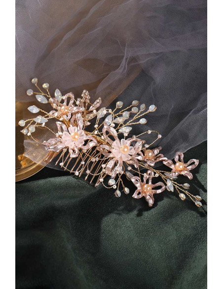 Pieptene de par din fire delicate, flori metalice, frunze cu cristale, perle si margelute