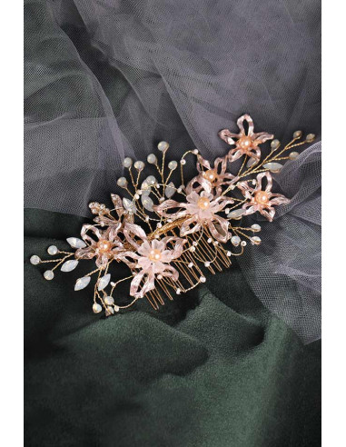 Pieptene de par din fire delicate, flori metalice, frunze cu cristale, perle si margelute