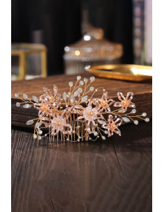 Pieptene de par din fire delicate, flori metalice, frunze cu cristale, perle si margelute 2