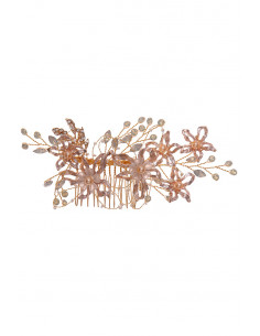 Pieptene de par din fire delicate, flori metalice, frunze cu cristale, perle si margelute