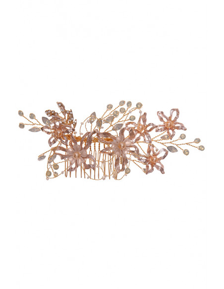 Pieptene de par din fire delicate, flori metalice, frunze cu cristale, perle si margelute