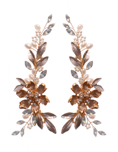 Set doua clame de par elegante, flori si frunze metalice, cu cristale ascutite