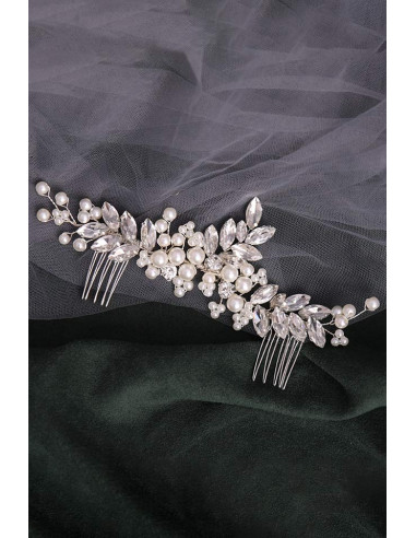 Accesoriu de par pentru mirese, model cu perle si cristale ascutite, si doi piepteni