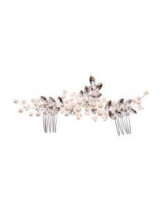 Accesoriu de par pentru mirese, model cu perle si cristale ascutite, si doi piepteni