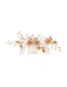 Pieptene de par din fire delicate, flori si frunze metalice si ramurele cu perle si margelute