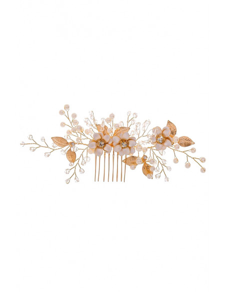 Pieptene de par din fire delicate, flori si frunze metalice si ramurele cu perle si margelute