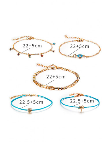 Set 5 bratari de glezna, snururi si lantisoare cu steluta, scoica, Nazar si cristale