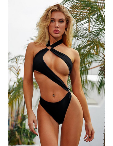 Costum de baie intreg, asimetric, cupe foarte decoltate si slip inalt, cu inele metalice