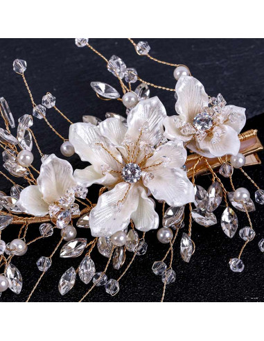 Accesoriu par din fire delicate, flori sidefii cu cristale, margele si perle