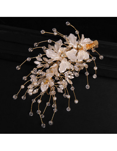 Accesoriu par din fire delicate, flori sidefii cu cristale, margele si perle