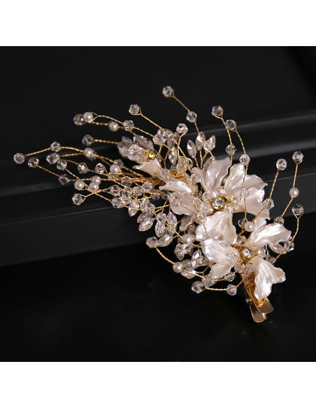 Accesoriu par din fire delicate, flori sidefii cu cristale, margele si perle