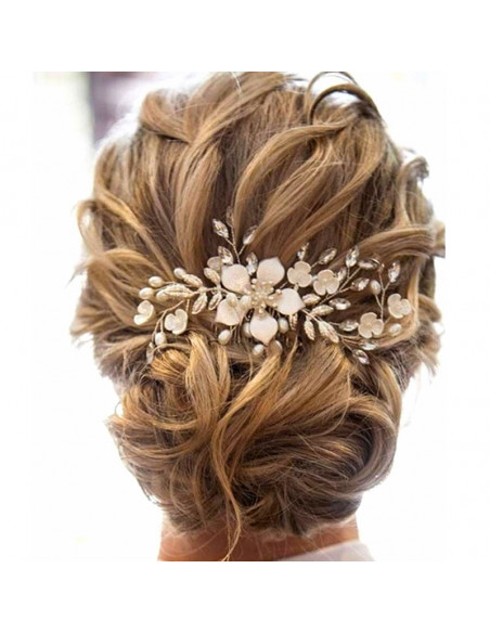 Pieptene de par elegant, floare mare metalica pictata si ramurele cu frunze, perle si cristale