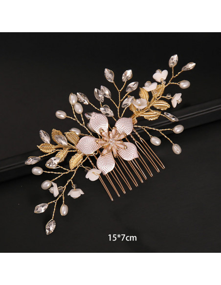 Pieptene de par elegant, floare mare metalica pictata si ramurele cu frunze, perle si cristale
