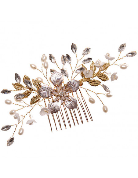 Pieptene de par elegant, floare mare metalica pictata si ramurele cu frunze, perle si cristale