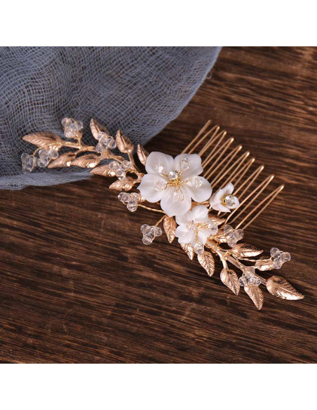 Pieptene de par elegant, ramuri lungi metalice si trei floricele din acril, cu margelute